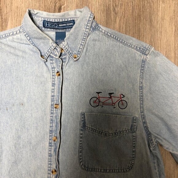 Vintage Button Up Denim Shirt with Bicycle Embroidery 90s Light Wash Jean Shirt - Picture 3 of 13